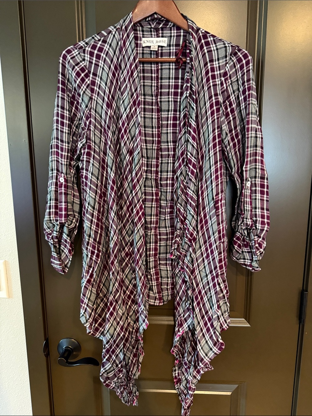 Knox Rose Burgundy and White Plaid Draped Open Cardigan